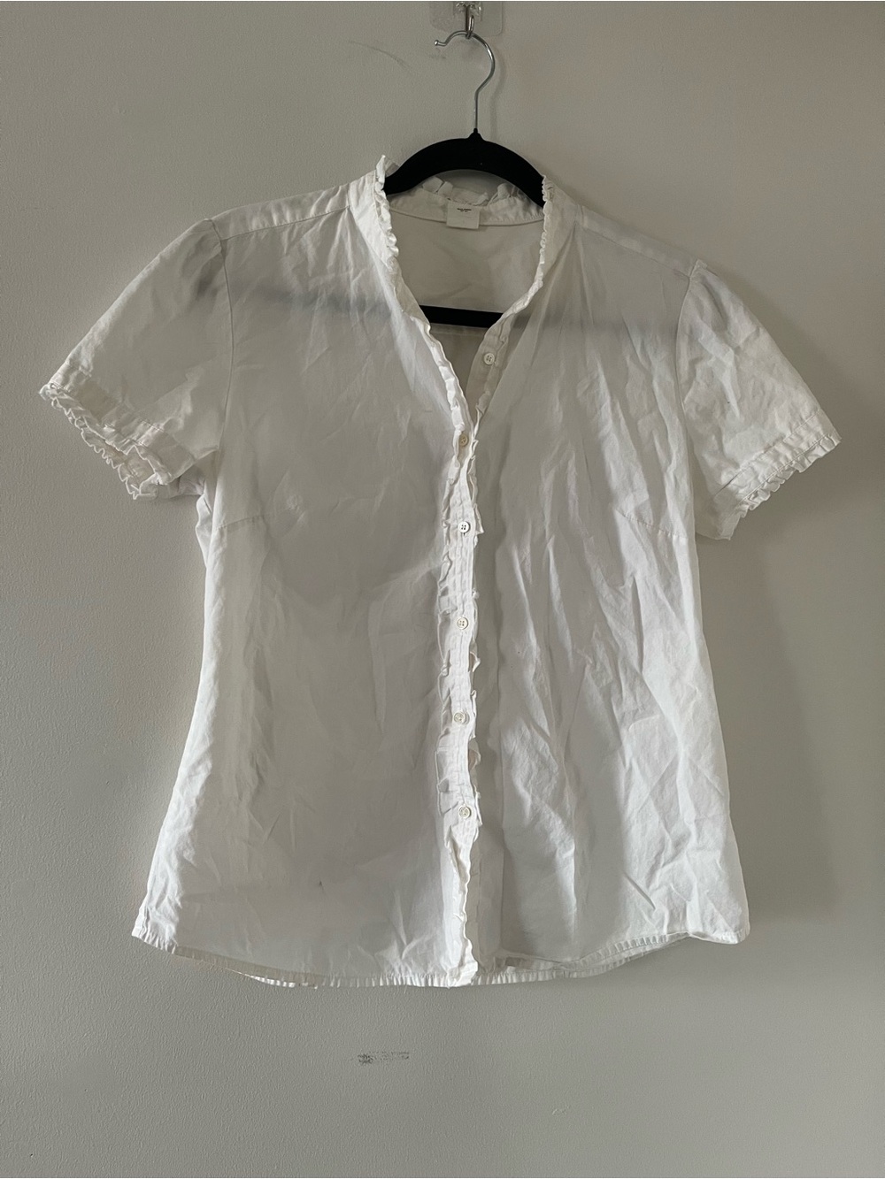 Vintage J Crew White 100% Cotton Ruffle Button Up Top 8 Preppy Cottage Poet